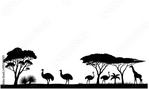 silhouette of ostriches and a giraffe standing under trees in savannah landscape scene