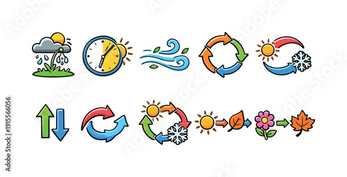 Weather and seasonal changes icon set. Colorful, flat symbol collection for forecasting