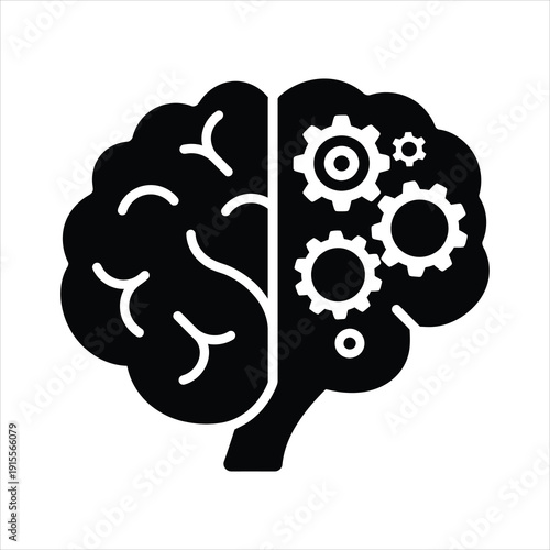 Creative Black Silhouette Illustration of a Human Brain with Gears and Cogs, Symbolizing Thinking, Learning, and Mechanical Processes