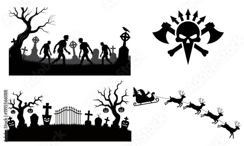 black silhouettes of zombie apocalypse and santa claus riding sleigh with reindeer and skull with axes on transparent background