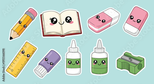 Cartoon school supplies sticker set, playful educational stationery mascots, colorful classroom theme artwork, children’s learning decoration, flat vector illustration