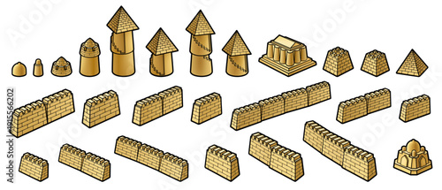Detailed hand-drawn illustration of a medieval sandcastle city with towers, walls, and fortifications, designed as a whimsical fantasy beach construction in warm sandy tones