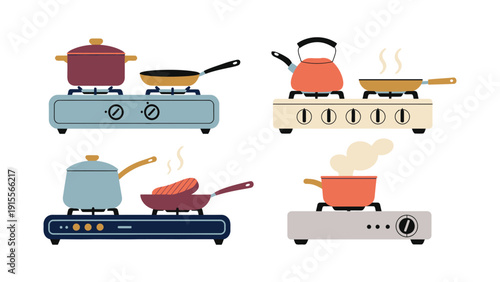 Collection of kitchen stovetops with pots and pans cooking, illustrating culinary preparation.