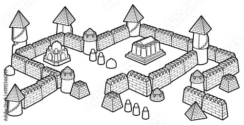 Detailed black and white line art illustration of a medieval sandcastle fortress with towers, walls, and buildings, designed as a whimsical fantasy castle for coloring or design use