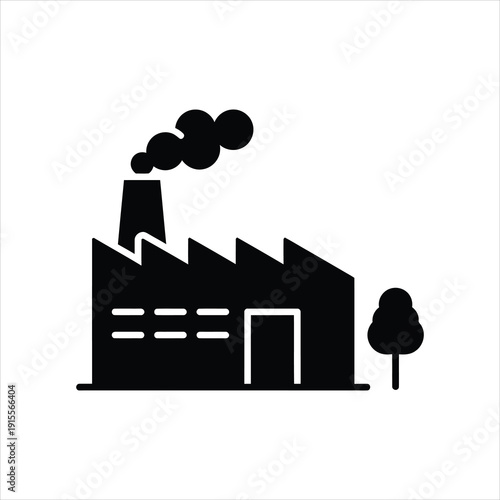 Industrial Factory Building with Smoking Chimney and a Small Tree Icon, Representing Industrial Pollution and Environmental Impact