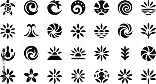 Assortment of black Polynesian tribal symbols showcasing natural and cultural elements