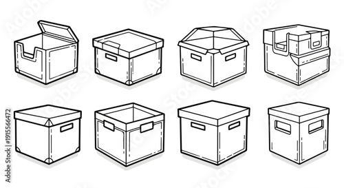 Various styles of plastic storage boxes with lids and handles Vector