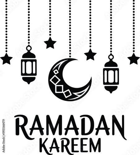 Black Ramadan Kareem illustration features hanging lanterns, crescent moon, and stars on a clean white background