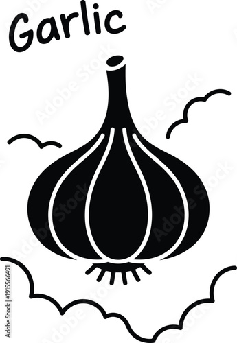 Black silhouette of a garlic bulb with the word Garlic and wavy aroma lines on white