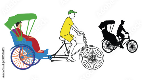 Bicycle rickshaw vector illustration with colorful and silhouette versions