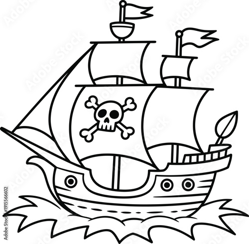 Classic cartoon pirate vessel with skull emblem sailing across an imagined stormy sea adventure