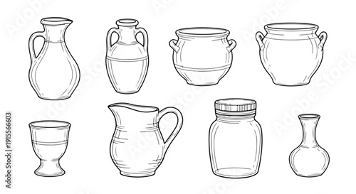 Assorted vintage ceramic vessels displayed in a row Vector