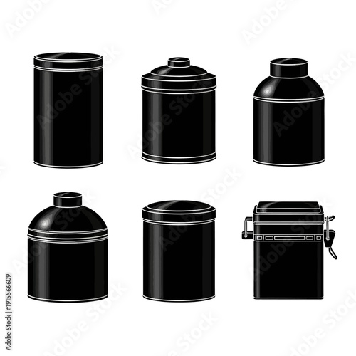 Set of black containers, jars, and canisters with lids, isolated on white background