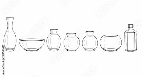 A variety of glass containers including vases, jars, and bowls. Vector