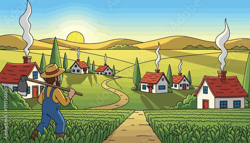 A cartoon farmer standing in a field with village houses isolated on transparent background