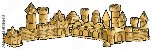 Detailed hand-drawn illustration of a medieval sandcastle city with towers, walls, and fortifications, designed as a whimsical fantasy beach construction in warm sandy tones