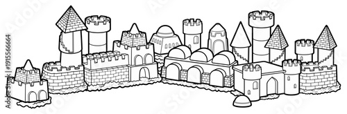 Detailed black and white line art illustration of a medieval sandcastle fortress with towers, walls, and buildings, designed as a whimsical fantasy castle for coloring or design use