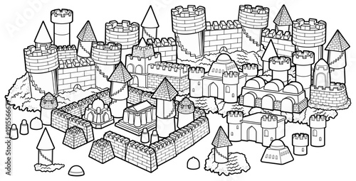 Detailed black and white line art illustration of a medieval sandcastle fortress with towers, walls, and buildings, designed as a whimsical fantasy castle for coloring or design use