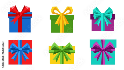 Set of Six Colorful Gift Boxes with Ribbons and Bows, Flat Design Icons