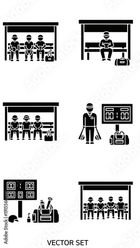 Sports Team Waiting Icons: Bus Stop, Scoreboard, Gear, and Players
