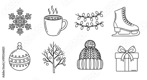 Winter illustrations featuring festive and recreational elements in a minimalist style Vector
