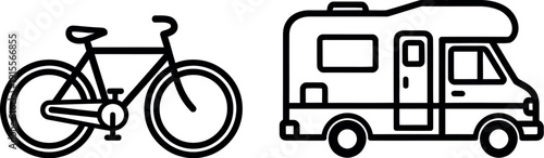 A bicycle and a camper van traveling together on an adventure road trip.