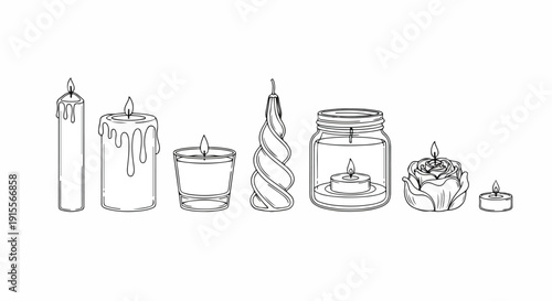 An assortment of candles and candle holders displayed in a row. Vector