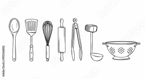 A collection of various kitchen utensils and tools for cooking and baking Vector