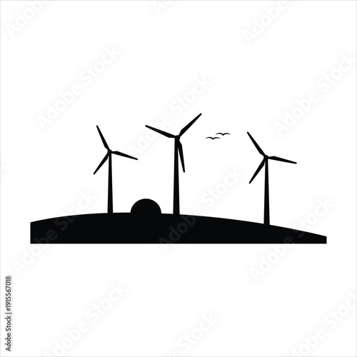 Silhouette illustration of wind turbines on a hill with birds and a rising sun or moon, symbolizing renewable energy and environmental sustainability.