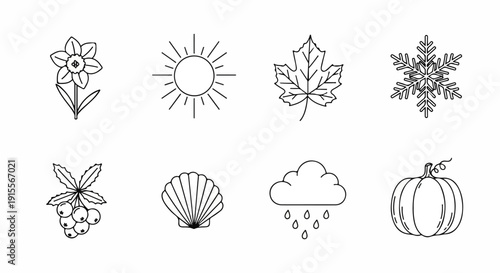 A delightful collection of nature-inspired line drawings showcasing various elements Vector
