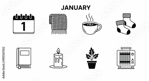 January resolutions and activities depicted in a series of icons Vector