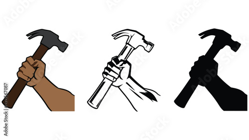 Hammer vector illustration set with hand holding tool in different styles