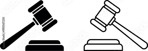 Two judicial gavel icons on wooden blocks representing legal authority and justice