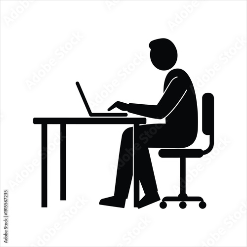 Silhouette of a person working diligently at a desk with a laptop, representing remote work, office tasks, education, and digital communication.
