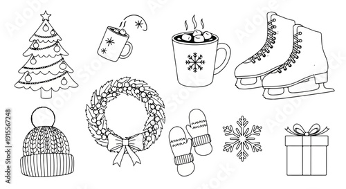 Winter-themed illustrations featuring festive and seasonal elements. Vector
