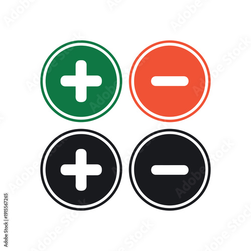 Circular plus and minus symbols in green red and black for interactive designs