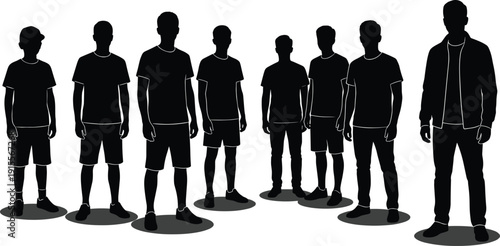 Vector silhouette illustration of a diverse group of men and boys standing in a line representing community growth and teamwork