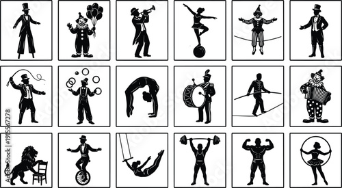 Vintage Circus Performer Silhouettes Set Featuring Clowns Tightrope Walkers Acrobats Strongmen Ringmaster Animals and Musicians for Carnival Graphic Design and Vector Illustration