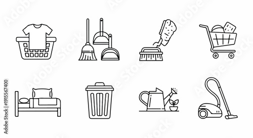 A collection of household items and cleaning tools in a minimalist style. Vector