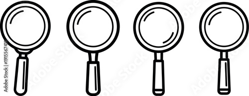 Four classic magnifying glasses aligned in a horizontal row for inspection purposes