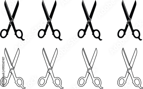 Scissors icon set in black and outline styles for cutting, craft, office, sewing, and tool design usage