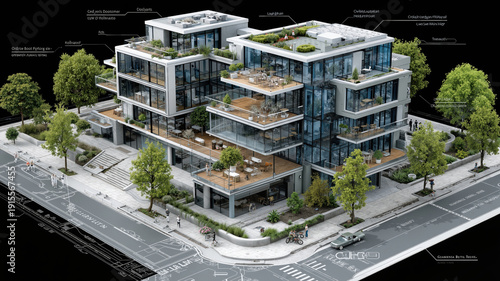 Modern urban apartment architectural design with glass facades and rooftop terraces surrounded by lush greenery and street-level plans