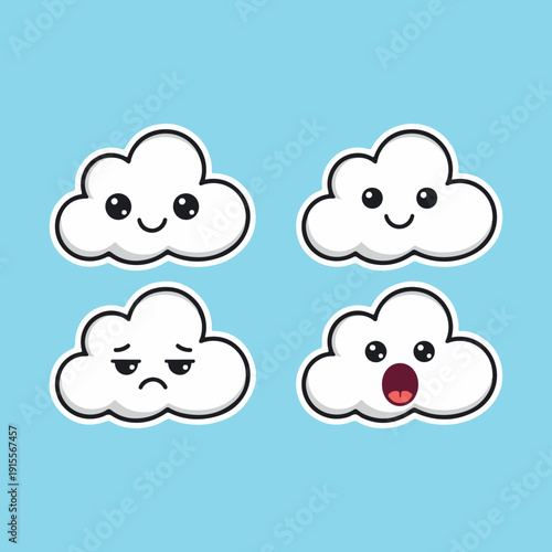 Four cute clouds showing different emotions on a light blue background