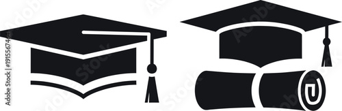 Graduation caps with diploma and university symbol on open book