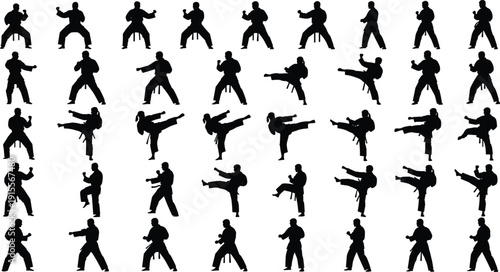 Black martial arts silhouettes set with karate and taekwondo fighters performing kicks and stances isolated on white background vector illustration.