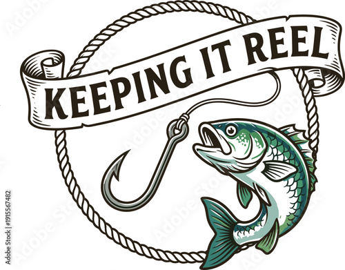 Vintage Fishing Illustration with Jumping Bass Fish Hook and Rope Frame Featuring Keeping It Reel Text on a Paper Ribbon