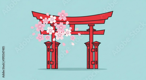 Red Japanese Torii gate with blooming cherry blossoms traditional Shinto shrine entrance vector illustration for travel and cultural concepts
