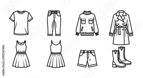 A variety of clothing items including tops, bottoms, and outerwear Vector