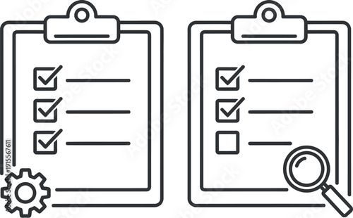 Checklists with a gear and a magnifying glass for task management and organization