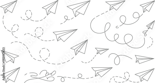 Paper airplanes flying in different directions with dotted lines and swirling paths on white background